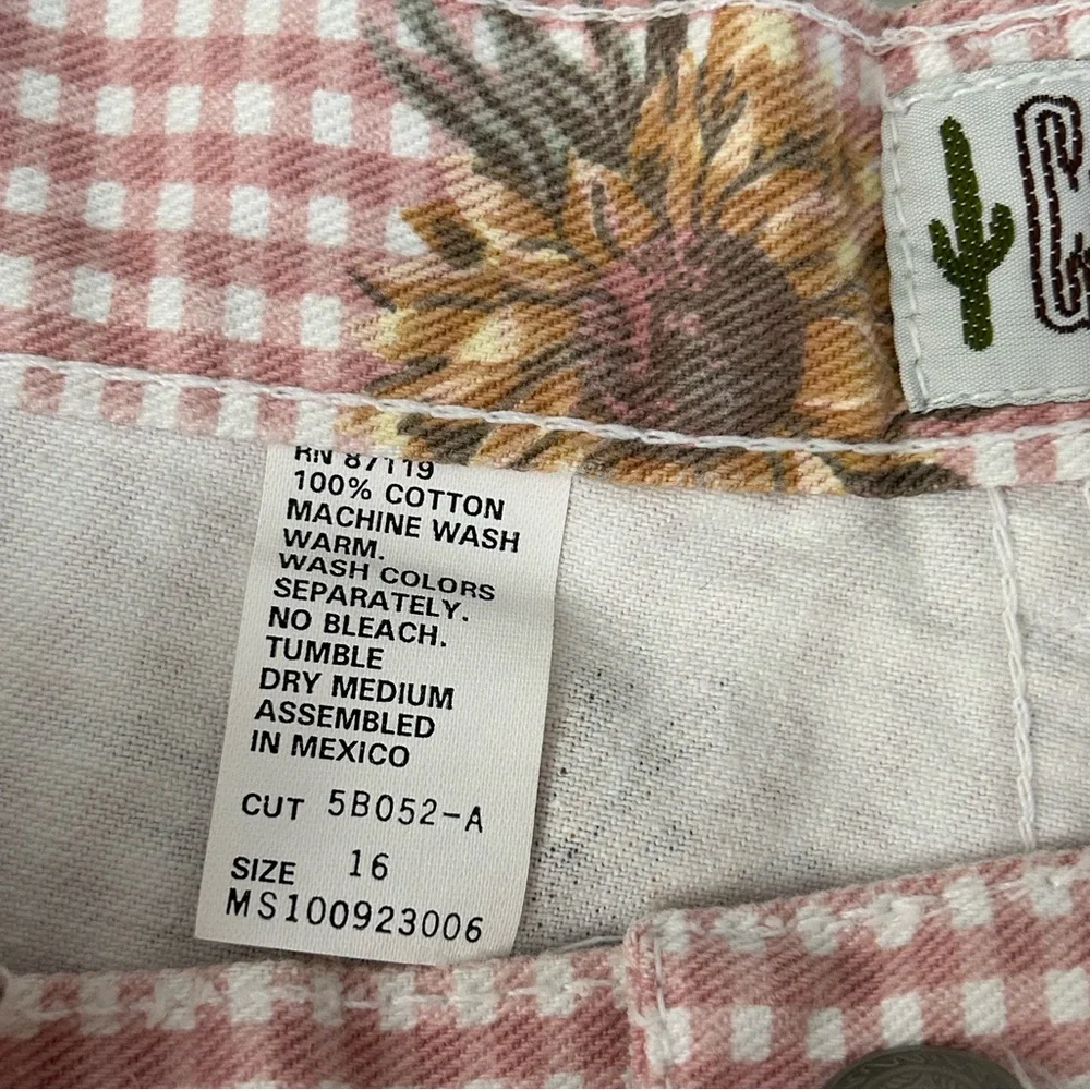 Cactus Jeans Pink White Gingham Check Sunflowers Denim Shorts Size 16 Vintage - Picture 5 of 10